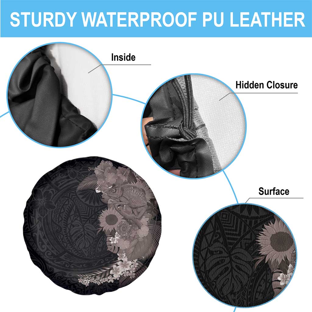 Hawaiian Tropical Plants and Chameleon Spare Tire Cover Polynesian Art Grayscale - Polynesian Pride