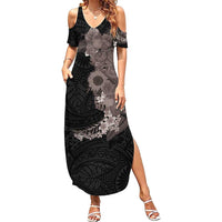 Hawaiian Tropical Plants and Chameleon Summer Maxi Dress Polynesian Art Grayscale - Polynesian Pride