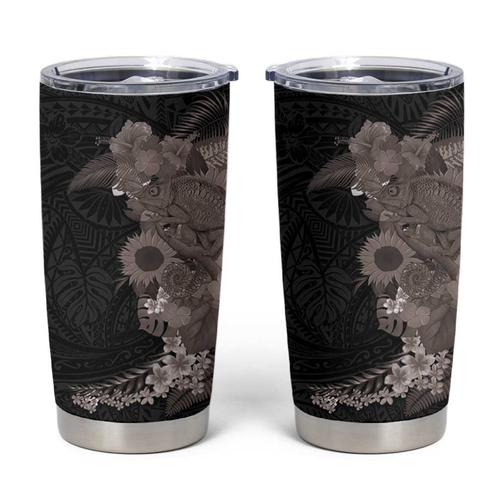 Hawaiian Tropical Plants and Chameleon Tumbler Cup Polynesian Art Grayscale - Polynesian Pride