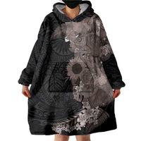 Hawaiian Tropical Plants and Chameleon Wearable Blanket Hoodie Polynesian Art Grayscale - Polynesian Pride
