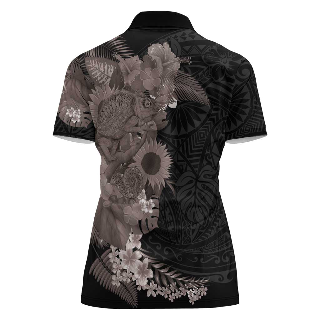 Hawaiian Tropical Plants and Chameleon Women Polo Shirt Polynesian Art Grayscale - Polynesian Pride