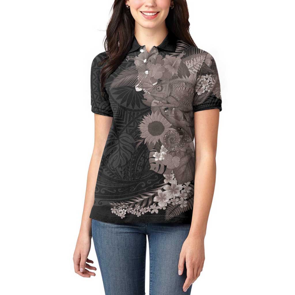 Hawaiian Tropical Plants and Chameleon Women Polo Shirt Polynesian Art Grayscale - Polynesian Pride