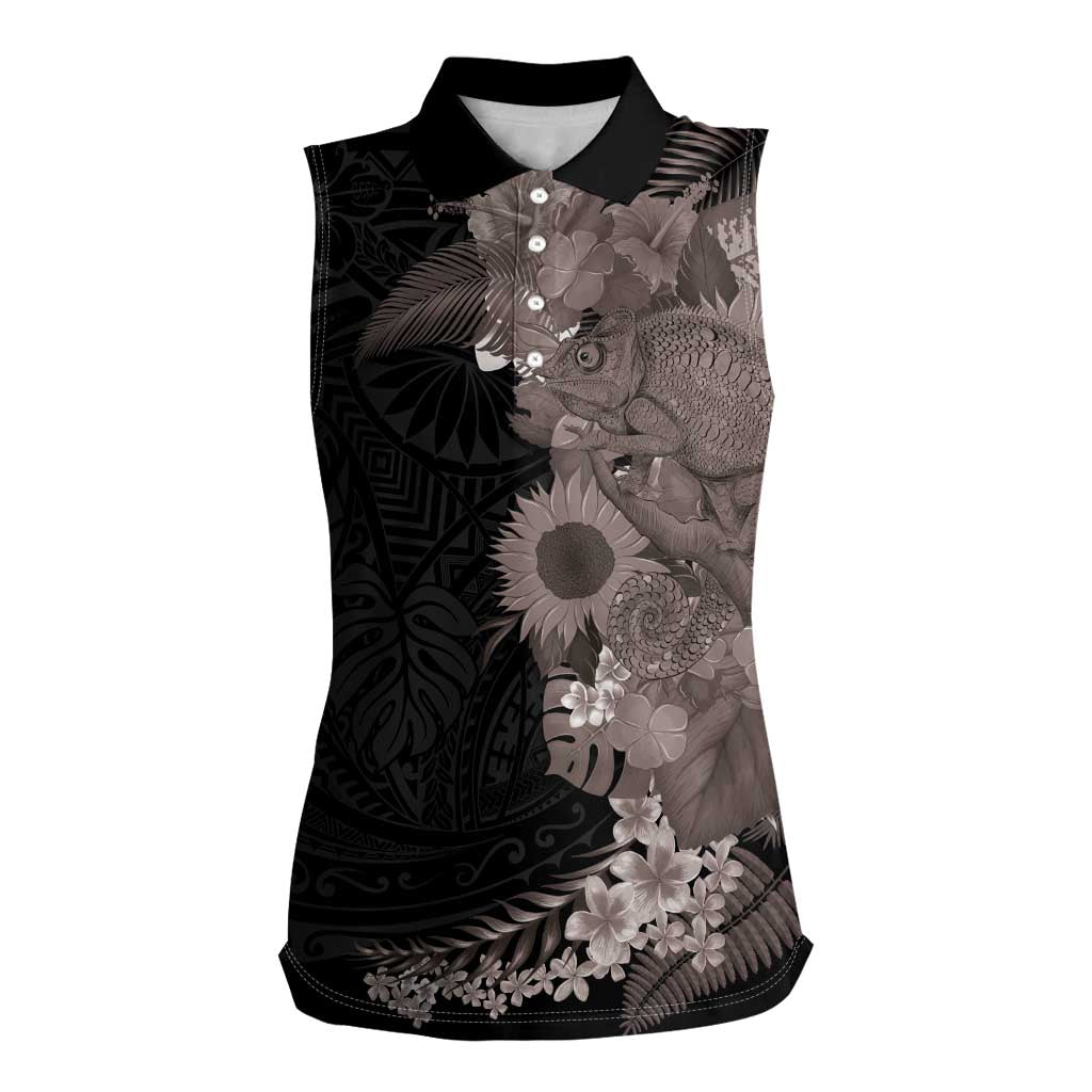 Hawaiian Tropical Plants and Chameleon Women Sleeveless Polo Shirt Polynesian Art Grayscale LT03 Female Black - Polynesian Pride