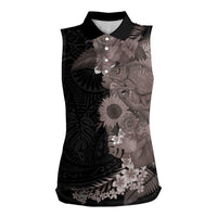 Hawaiian Tropical Plants and Chameleon Women Sleeveless Polo Shirt Polynesian Art Grayscale LT03 Female Black - Polynesian Pride