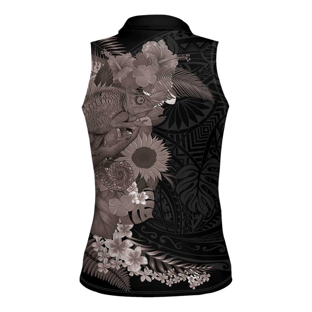 Hawaiian Tropical Plants and Chameleon Women Sleeveless Polo Shirt Polynesian Art Grayscale LT03 - Polynesian Pride