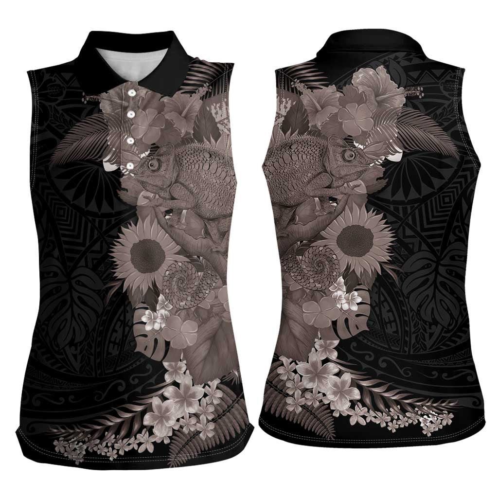 Hawaiian Tropical Plants and Chameleon Women Sleeveless Polo Shirt Polynesian Art Grayscale LT03 - Polynesian Pride