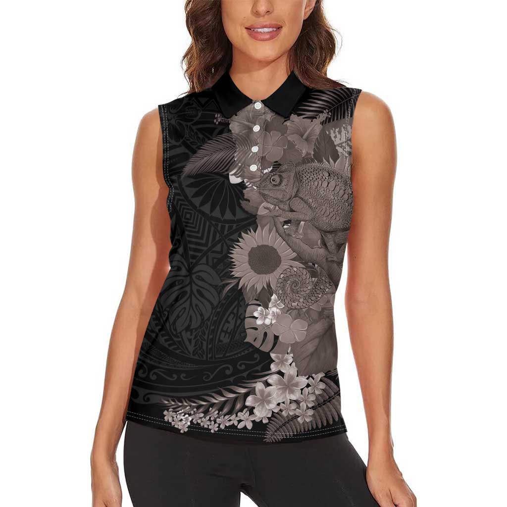 Hawaiian Tropical Plants and Chameleon Women Sleeveless Polo Shirt Polynesian Art Grayscale LT03 - Polynesian Pride