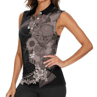 Hawaiian Tropical Plants and Chameleon Women Sleeveless Polo Shirt Polynesian Art Grayscale LT03 - Polynesian Pride