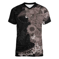 Hawaiian Tropical Plants and Chameleon Women V-Neck T-Shirt Polynesian Art Grayscale - Polynesian Pride