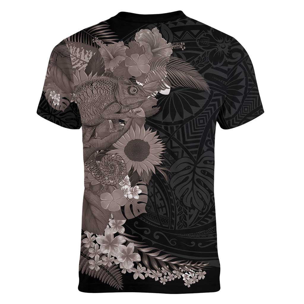 Hawaiian Tropical Plants and Chameleon Women V-Neck T-Shirt Polynesian Art Grayscale - Polynesian Pride