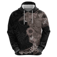 Hawaiian Tropical Plants and Chameleon Zip Hoodie Polynesian Art Grayscale - Polynesian Pride