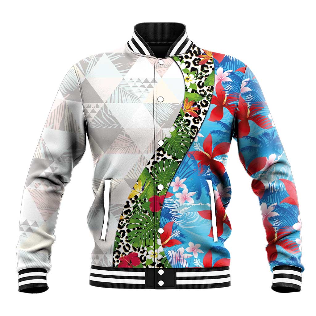 Hawaiian Tropical Flowers and Leaves Baseball Jacket on Leopard Pattern Half Style White-Blue Version - Polynesian Pride