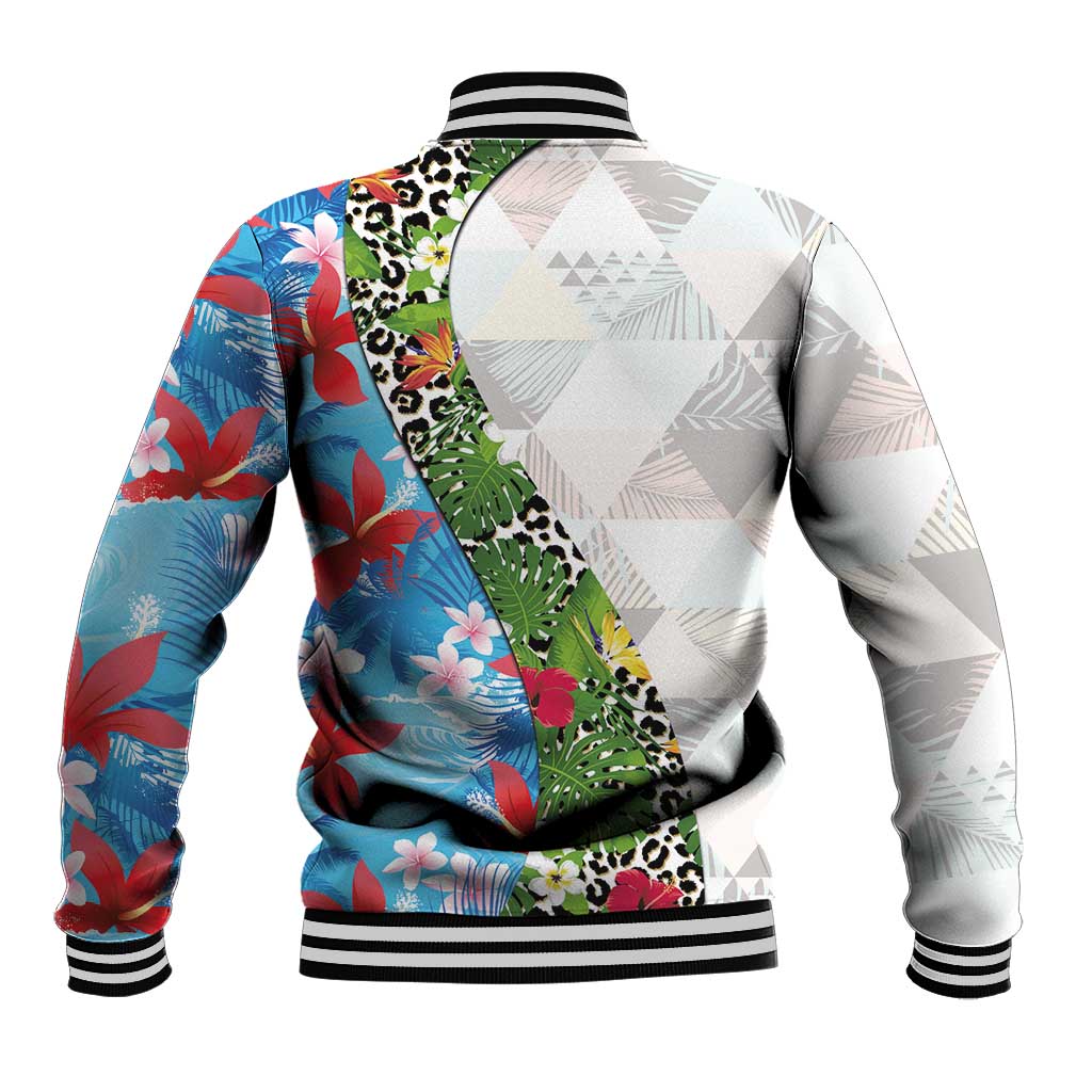 Hawaiian Tropical Flowers and Leaves Baseball Jacket on Leopard Pattern Half Style White-Blue Version - Polynesian Pride