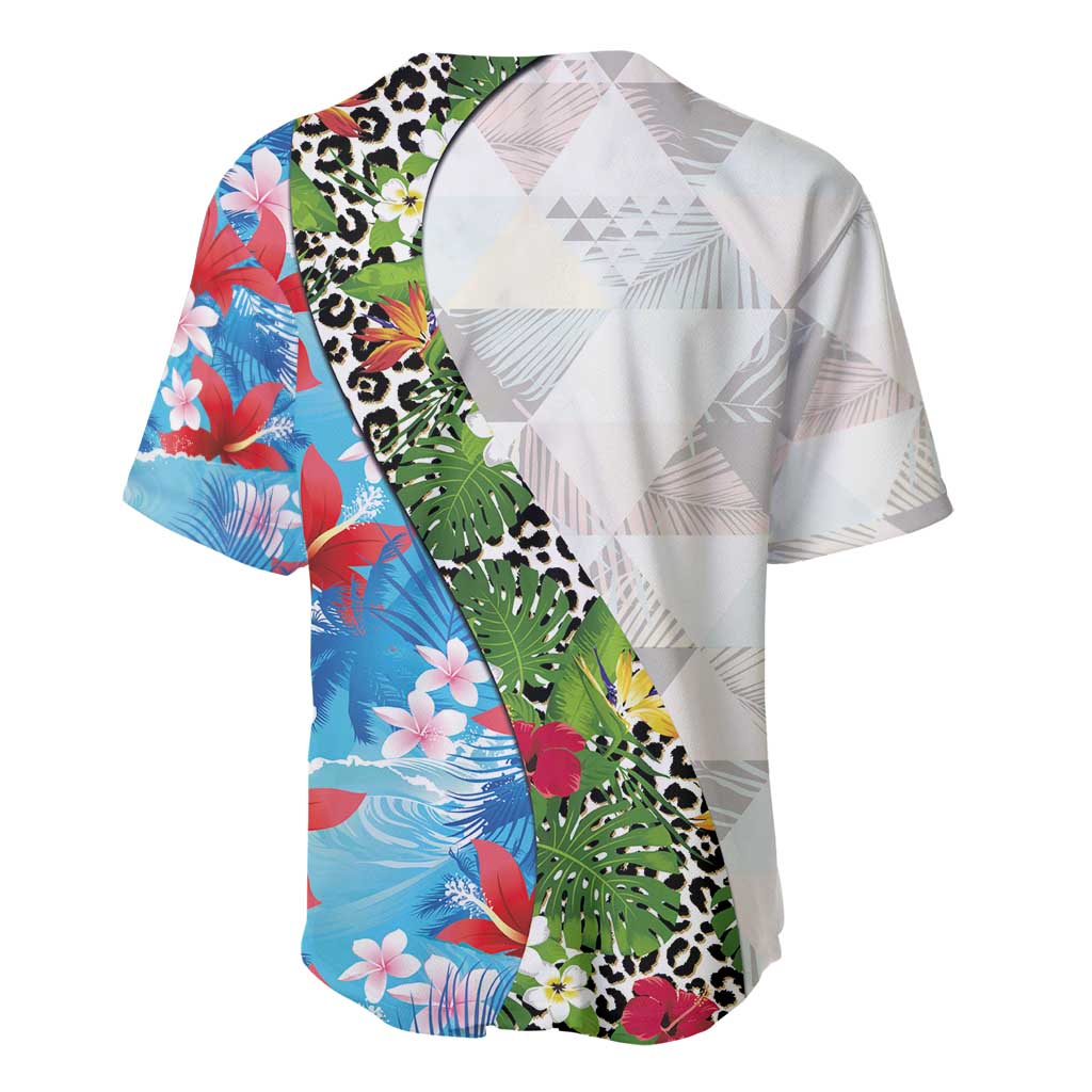 Hawaiian Tropical Flowers and Leaves Baseball Jersey on Leopard Pattern Half Style White-Blue Version - Polynesian Pride