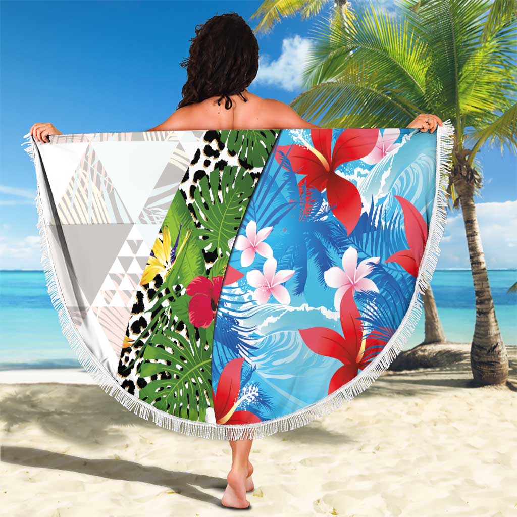 Hawaiian Tropical Flowers and Leaves Beach Blanket on Leopard Pattern Half Style White-Blue Version - Polynesian Pride