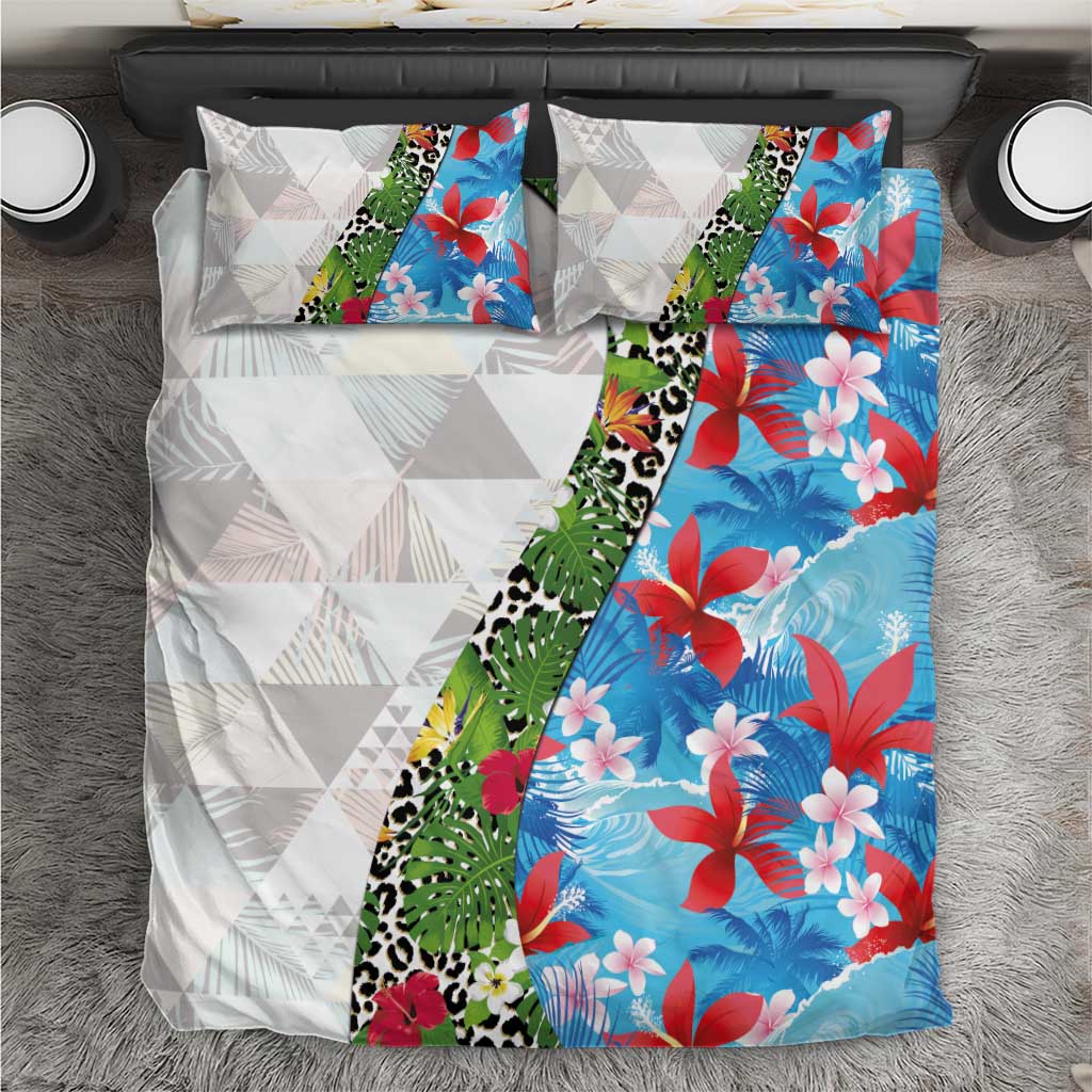 Hawaiian Tropical Flowers and Leaves Bedding Set on Leopard Pattern Half Style White-Blue Version - Polynesian Pride