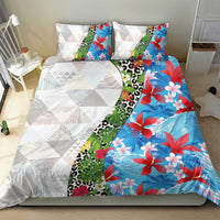 Hawaiian Tropical Flowers and Leaves Bedding Set on Leopard Pattern Half Style White-Blue Version - Polynesian Pride