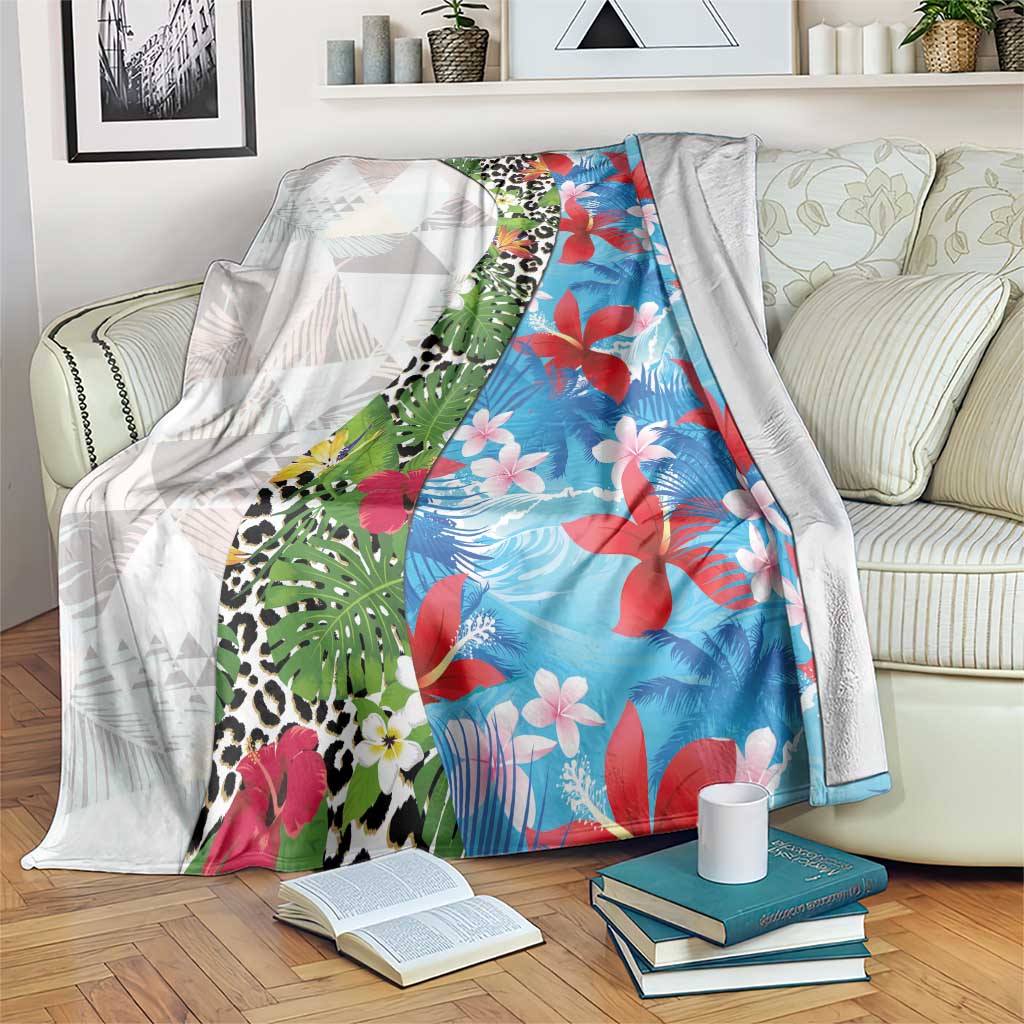 Hawaiian Tropical Flowers and Leaves Blanket on Leopard Pattern Half Style White-Blue Version - Polynesian Pride