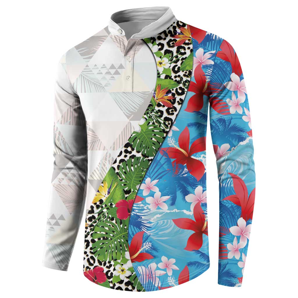 Hawaiian Tropical Flowers and Leaves Button Sweatshirt on Leopard Pattern Half Style White-Blue Version - Polynesian Pride