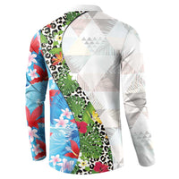 Hawaiian Tropical Flowers and Leaves Button Sweatshirt on Leopard Pattern Half Style White-Blue Version - Polynesian Pride