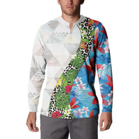 Hawaiian Tropical Flowers and Leaves Button Sweatshirt on Leopard Pattern Half Style White-Blue Version - Polynesian Pride