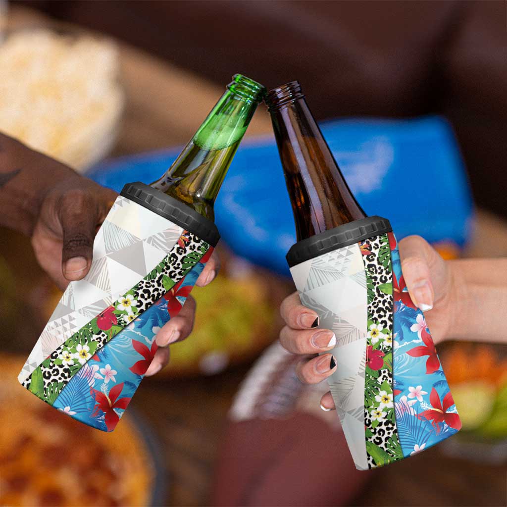Hawaiian Tropical Flowers and Leaves 4 in 1 Can Cooler Tumbler on Leopard Pattern Half Style White-Blue Version - Polynesian Pride