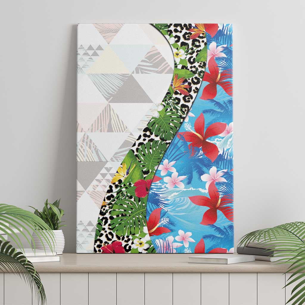 Hawaiian Tropical Flowers and Leaves Canvas Wall Art on Leopard Pattern Half Style White-Blue Version - Polynesian Pride