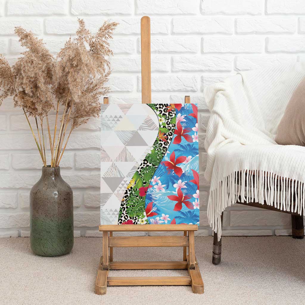 Hawaiian Tropical Flowers and Leaves Canvas Wall Art on Leopard Pattern Half Style White-Blue Version - Polynesian Pride