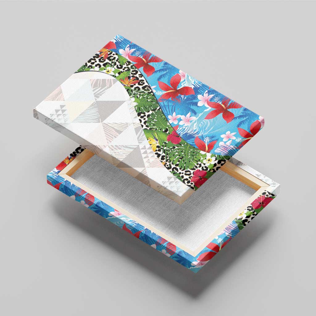 Hawaiian Tropical Flowers and Leaves Canvas Wall Art on Leopard Pattern Half Style White-Blue Version - Polynesian Pride