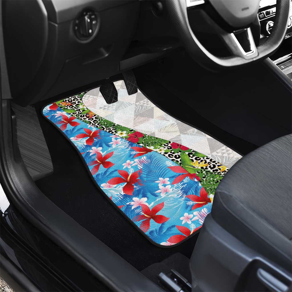 Hawaiian Tropical Flowers and Leaves Car Mats on Leopard Pattern Half Style White-Blue Version - Polynesian Pride