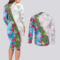 Hawaiian Tropical Flowers and Leaves Couples Matching Long Sleeve Bodycon Dress and Long Sleeve Button Shirt on Leopard Pattern Half Style White-Blue Version - Polynesian Pride