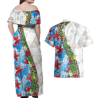 Hawaiian Tropical Flowers and Leaves Couples Matching Off Shoulder Maxi Dress and Hawaiian Shirt on Leopard Pattern Half Style White-Blue Version - Polynesian Pride