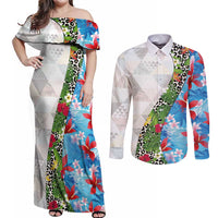 Hawaiian Tropical Flowers and Leaves Couples Matching Off Shoulder Maxi Dress and Long Sleeve Button Shirt on Leopard Pattern Half Style White-Blue Version - Polynesian Pride