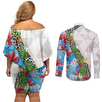 Hawaiian Tropical Flowers and Leaves Couples Matching Off Shoulder Short Dress and Long Sleeve Button Shirt on Leopard Pattern Half Style White-Blue Version - Polynesian Pride