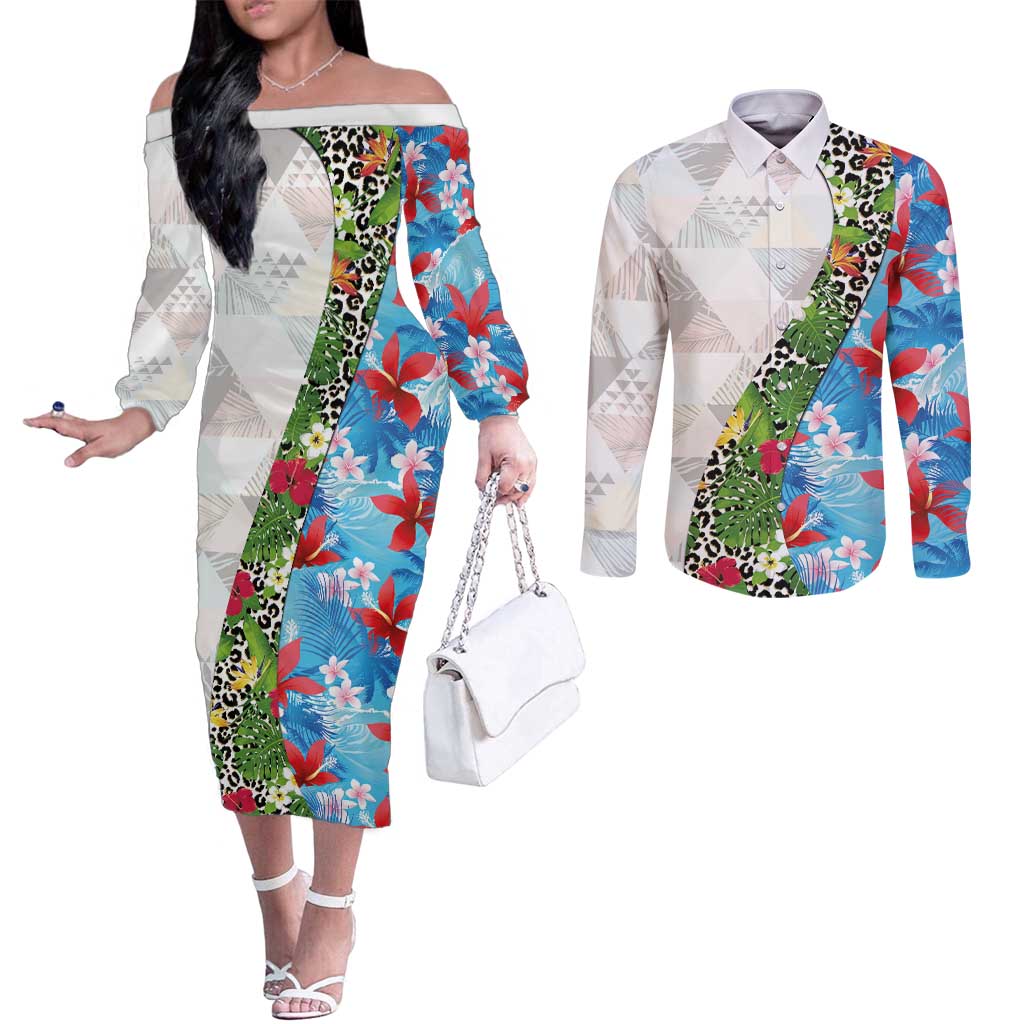Hawaiian Tropical Flowers and Leaves Couples Matching Off The Shoulder Long Sleeve Dress and Long Sleeve Button Shirt on Leopard Pattern Half Style White-Blue Version - Polynesian Pride