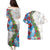 Hawaiian Tropical Flowers and Leaves Couples Matching Puletasi and Hawaiian Shirt on Leopard Pattern Half Style White-Blue Version - Polynesian Pride
