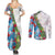 Hawaiian Tropical Flowers and Leaves Couples Matching Summer Maxi Dress and Long Sleeve Button Shirt on Leopard Pattern Half Style White-Blue Version - Polynesian Pride
