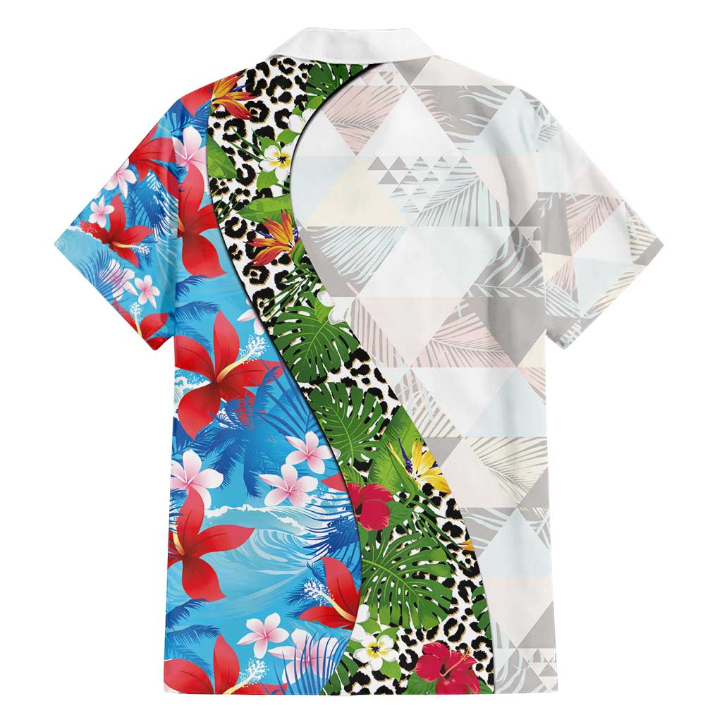 Hawaiian Tropical Flowers and Leaves Family Matching Long Sleeve Bodycon Dress and Hawaiian Shirt on Leopard Pattern Half Style White-Blue Version LT03 - Polynesian Pride