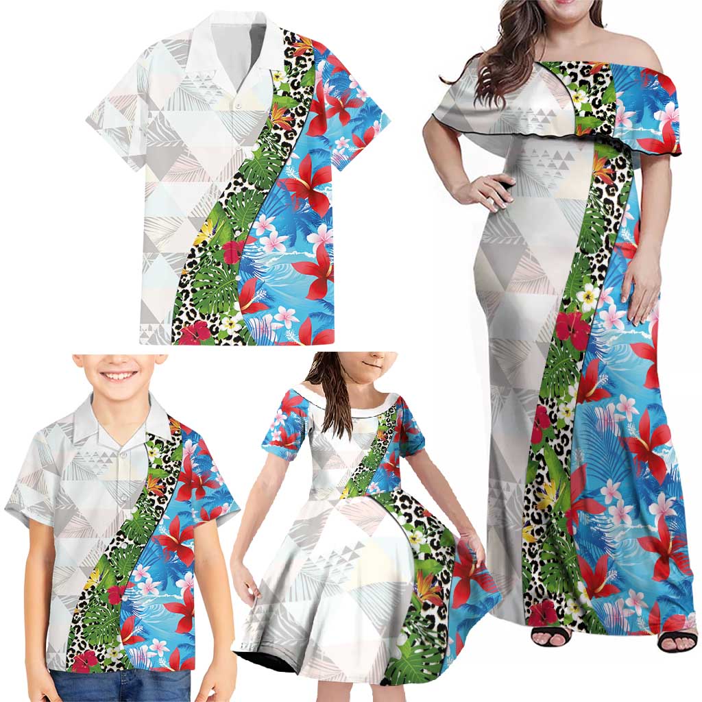 Hawaiian Tropical Flowers and Leaves Family Matching Off Shoulder Maxi Dress and Hawaiian Shirt on Leopard Pattern Half Style White-Blue Version - Polynesian Pride
