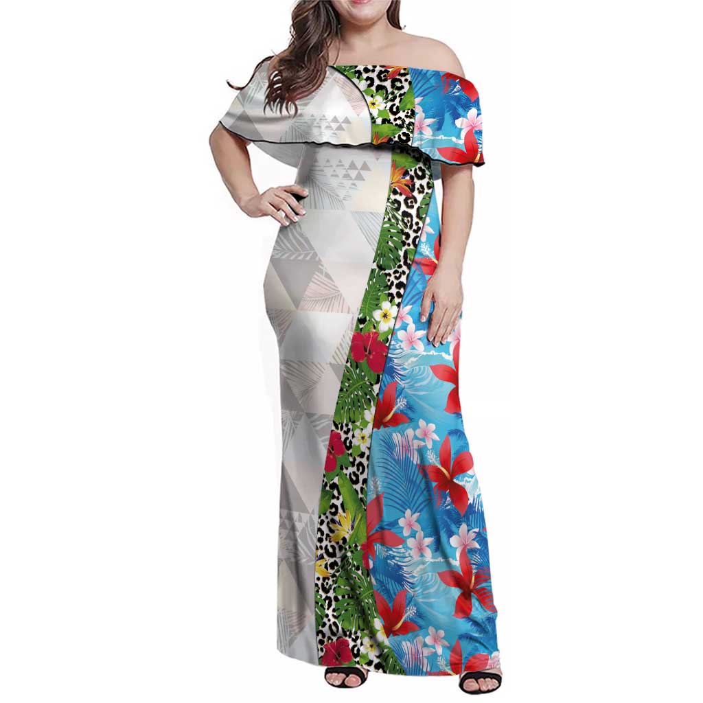 Hawaiian Tropical Flowers and Leaves Family Matching Off Shoulder Maxi Dress and Hawaiian Shirt on Leopard Pattern Half Style White-Blue Version - Polynesian Pride