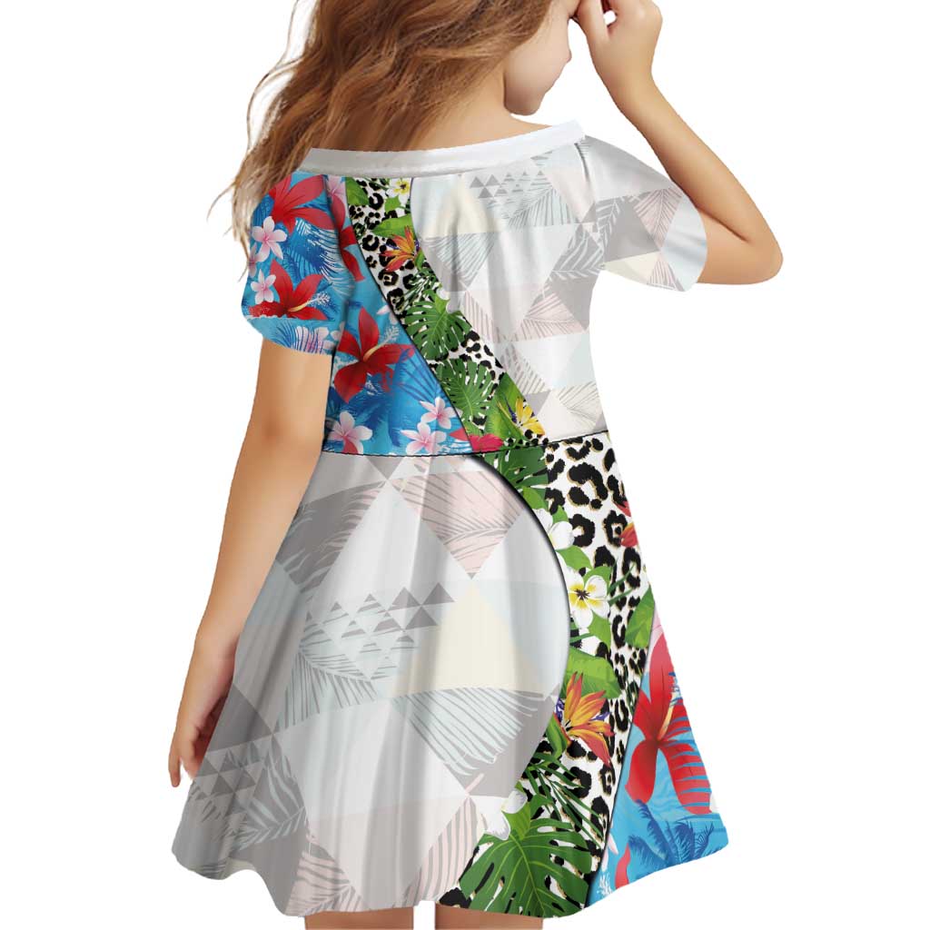 Hawaiian Tropical Flowers and Leaves Family Matching Off Shoulder Short Dress and Hawaiian Shirt on Leopard Pattern Half Style White-Blue Version LT03 - Polynesian Pride