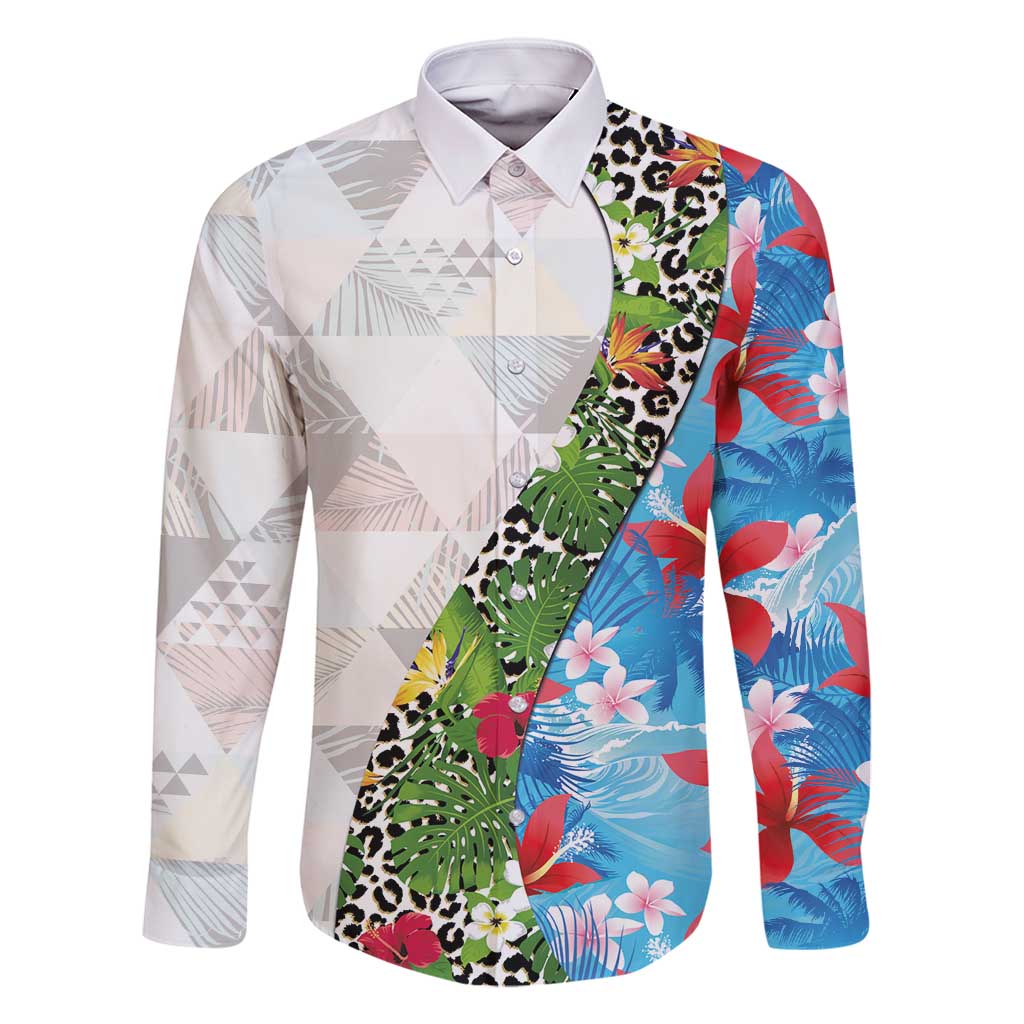 Hawaiian Tropical Flowers and Leaves Family Matching Off Shoulder Short Dress and Hawaiian Shirt on Leopard Pattern Half Style White-Blue Version LT03 Dad's Shirt - Long Sleeve White - Polynesian Pride