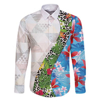 Hawaiian Tropical Flowers and Leaves Family Matching Off Shoulder Short Dress and Hawaiian Shirt on Leopard Pattern Half Style White-Blue Version LT03 Dad's Shirt - Long Sleeve White - Polynesian Pride