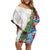 Hawaiian Tropical Flowers and Leaves Family Matching Off Shoulder Short Dress and Hawaiian Shirt on Leopard Pattern Half Style White-Blue Version - Polynesian Pride