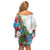 Hawaiian Tropical Flowers and Leaves Family Matching Off Shoulder Short Dress and Hawaiian Shirt on Leopard Pattern Half Style White-Blue Version - Polynesian Pride