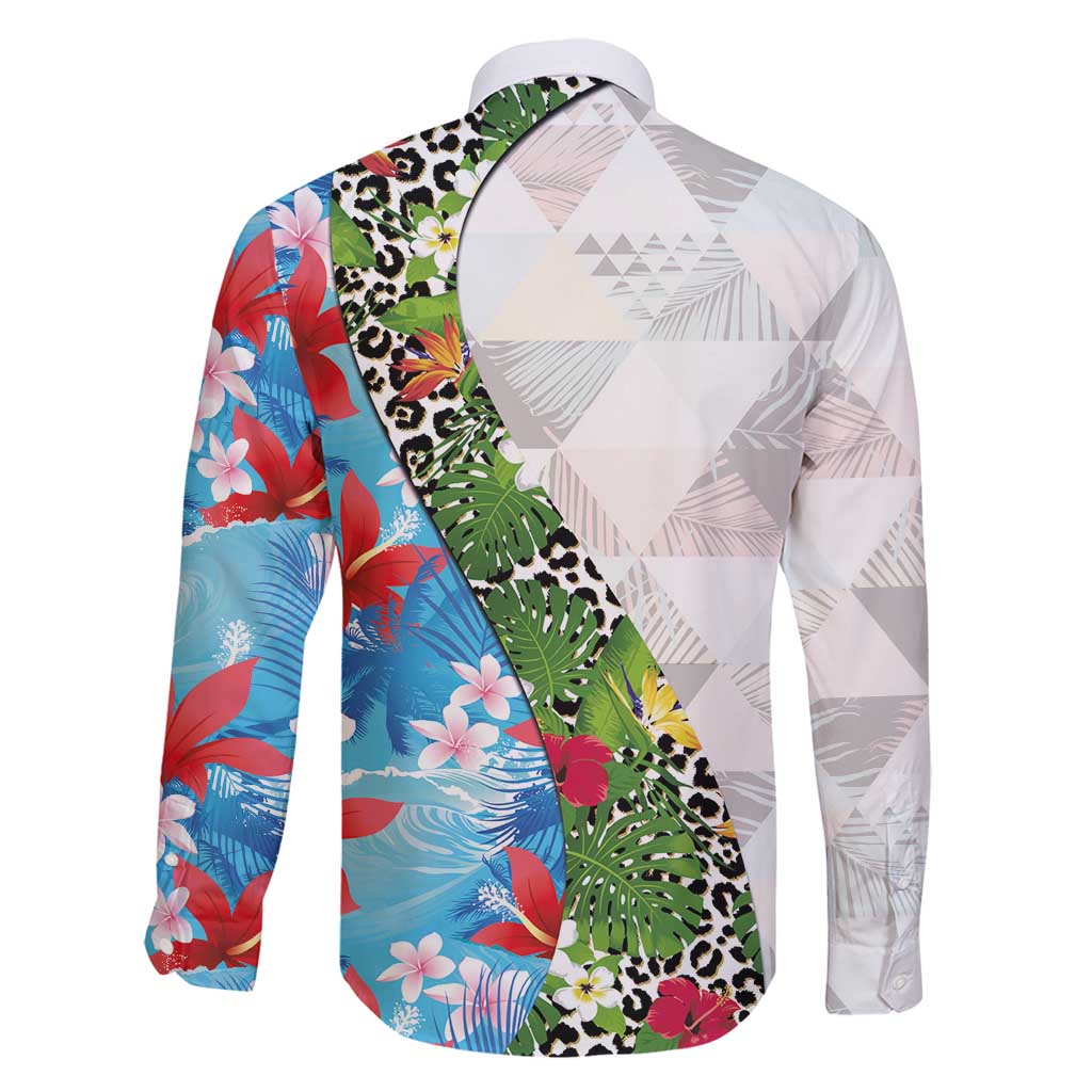 Hawaiian Tropical Flowers and Leaves Family Matching Puletasi and Hawaiian Shirt on Leopard Pattern Half Style White-Blue Version LT03 - Polynesian Pride