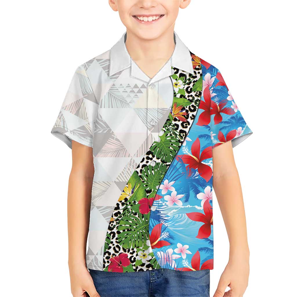 Hawaiian Tropical Flowers and Leaves Family Matching Short Sleeve Bodycon Dress and Hawaiian Shirt on Leopard Pattern Half Style White-Blue Version LT03 Son's Shirt White - Polynesian Pride