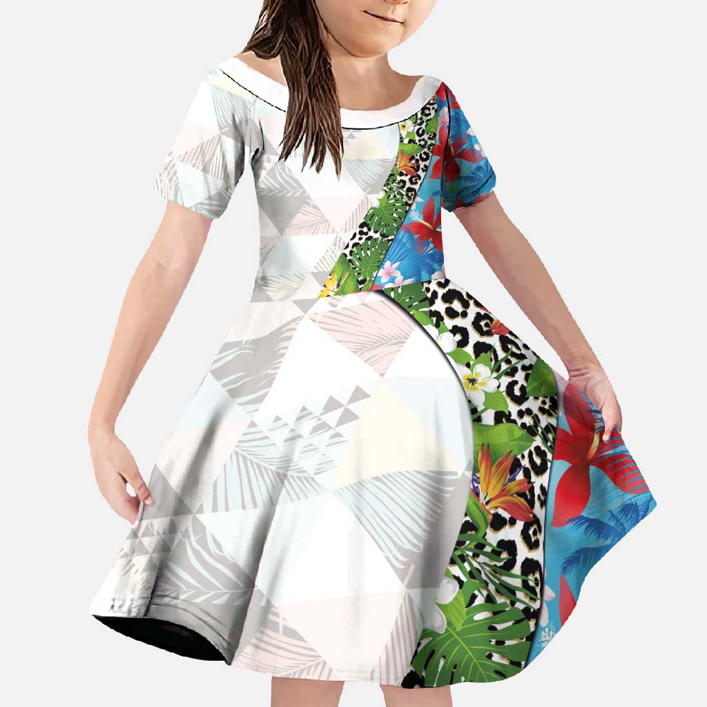Hawaiian Tropical Flowers and Leaves Family Matching Summer Maxi Dress and Hawaiian Shirt on Leopard Pattern Half Style White-Blue Version LT03 Daughter's Dress White - Polynesian Pride