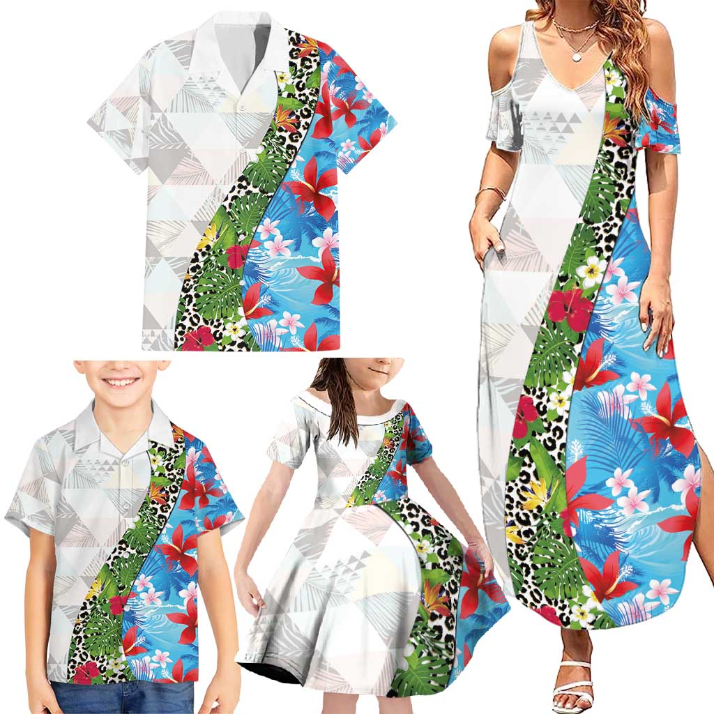 Hawaiian Tropical Flowers and Leaves Family Matching Summer Maxi Dress and Hawaiian Shirt on Leopard Pattern Half Style White-Blue Version - Polynesian Pride