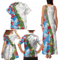 Hawaiian Tropical Flowers and Leaves Family Matching Tank Maxi Dress and Hawaiian Shirt on Leopard Pattern Half Style White-Blue Version - Polynesian Pride